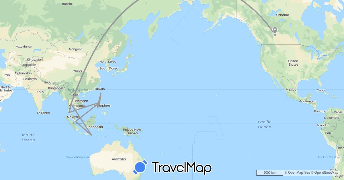 TravelMap itinerary: driving, plane in Canada, Indonesia, Philippines, Singapore, Thailand (Asia, North America)